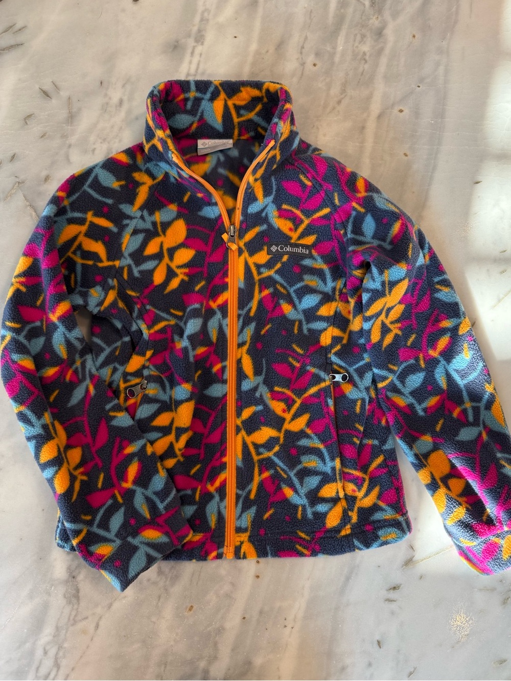Columbia Kids Fleece Jacket - Navy with Orange, Pink & Light Blue Leaf Print